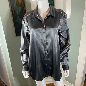 Vintage 90s Rafaella Metallic Silver Gray Black Button-Down Shirt Blouse Top L